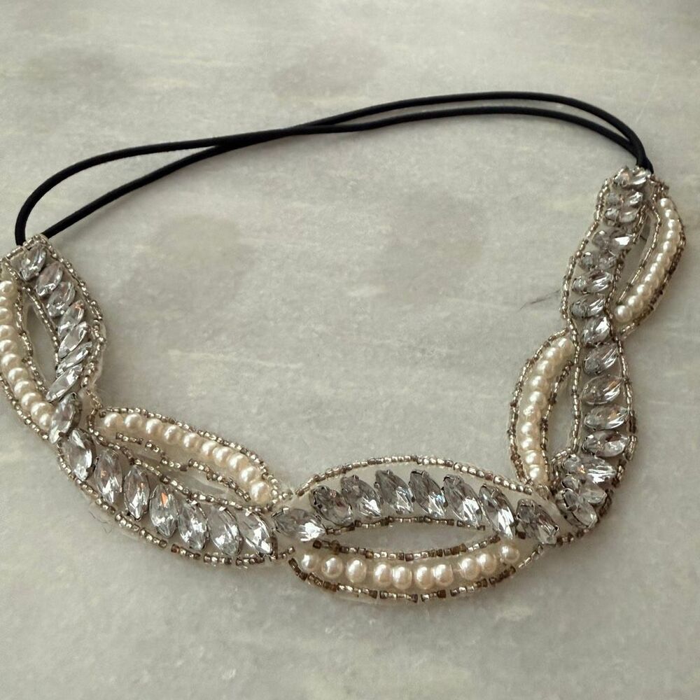 Vintage Anthropologie Gatsby-Style Rhinestone & Faux Pearl Bead Elastic Headband